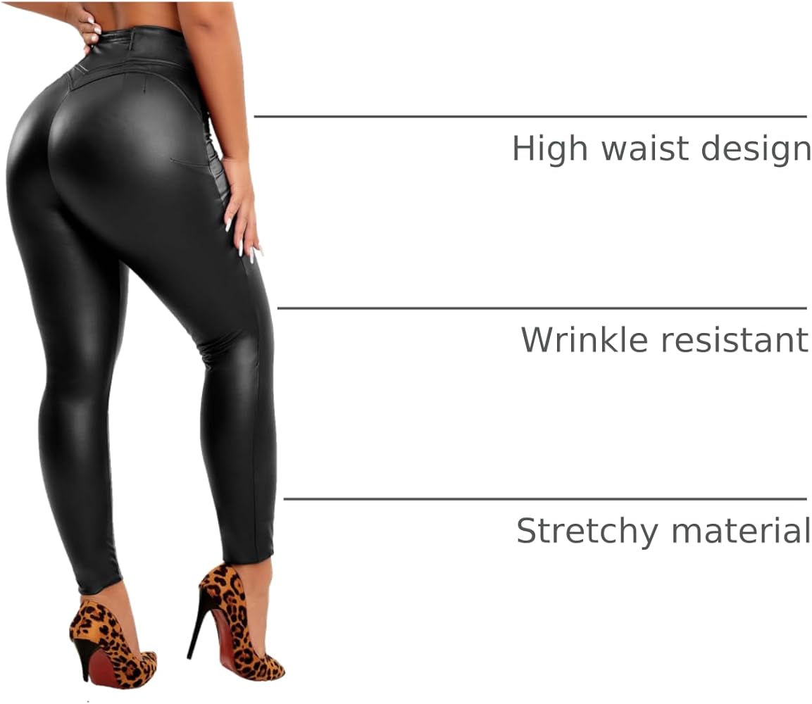 KIWI RATA Women's Faux Leather Leggings PU Butt Lifting Black