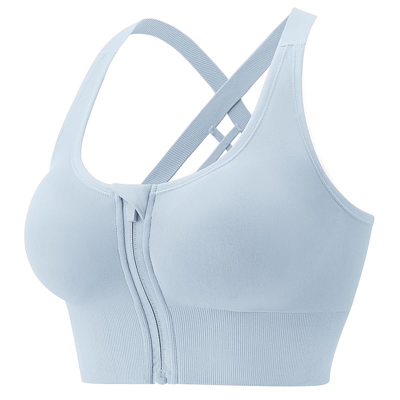 Image of PLUMBURY Women's Seamless Padded Full Coverage Front Zip Cross Back Sports Bra, Size S to XL