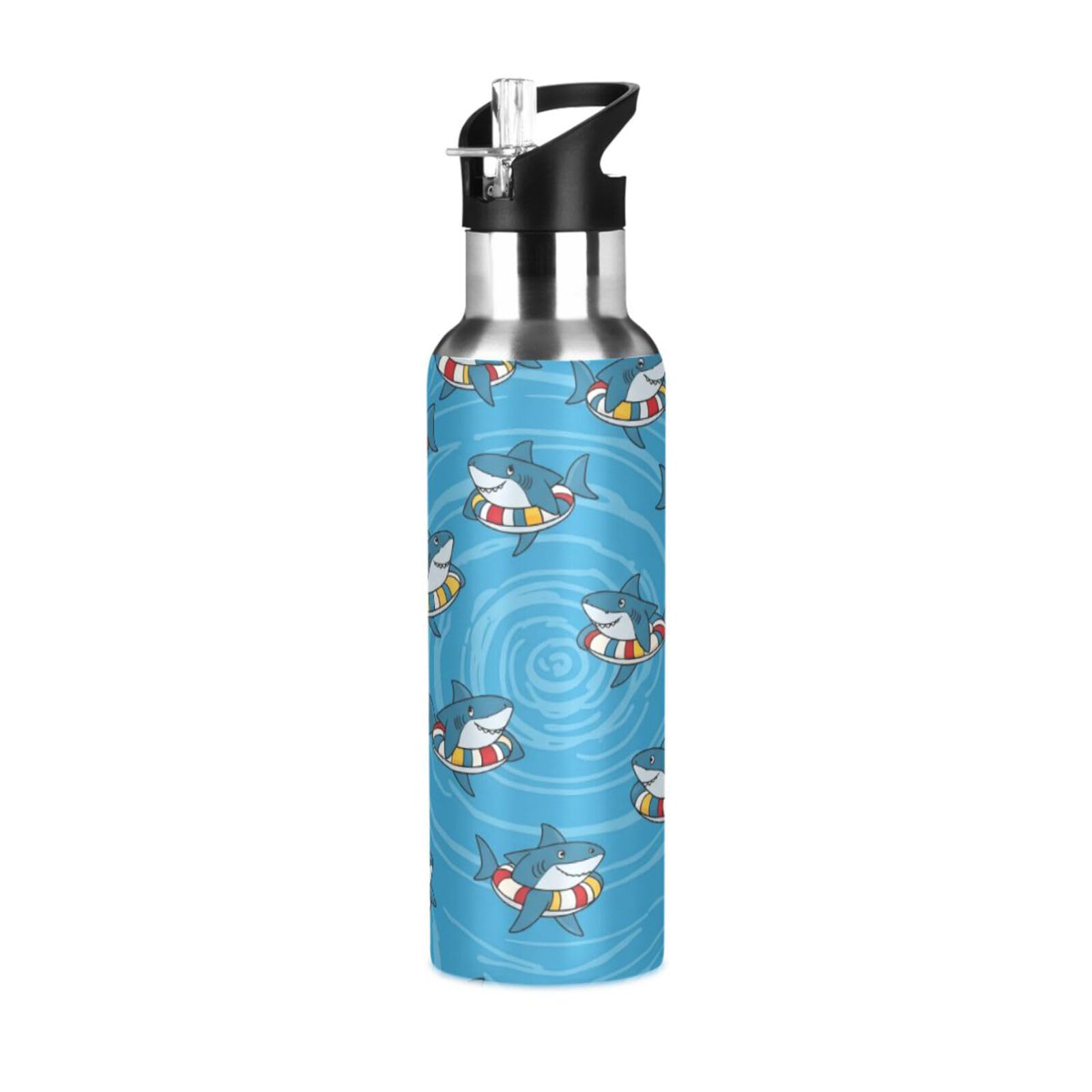 BOESI Sharks Pattern Insulated Water Bottle 600ml, Stainless Steel Vacuum Sports Bottle with Straw, Leak Proof Thermal Bottle for Gym Travel Outdoor