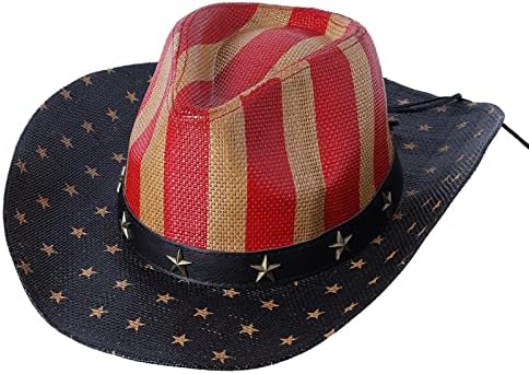 Hasiobanyu Classic American Flag Cowboy Hats Independence Day Sun Hat Western Cowboy Hat Summer Straw Cap for Men Women, Vintage USA Flag Outdoor Sunhat for Kids Aldult, One Size