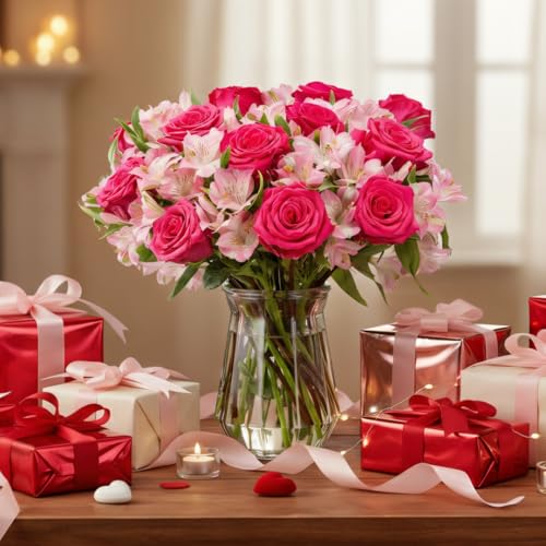 Benchmark Bouquets - Charming Roses & Alstroemeria (Glass Vase Included) - Fresh Flowers for Delivery - Gift for Graduation, Birthday, Anniversary, Sympathy, Get Well, Congratulations