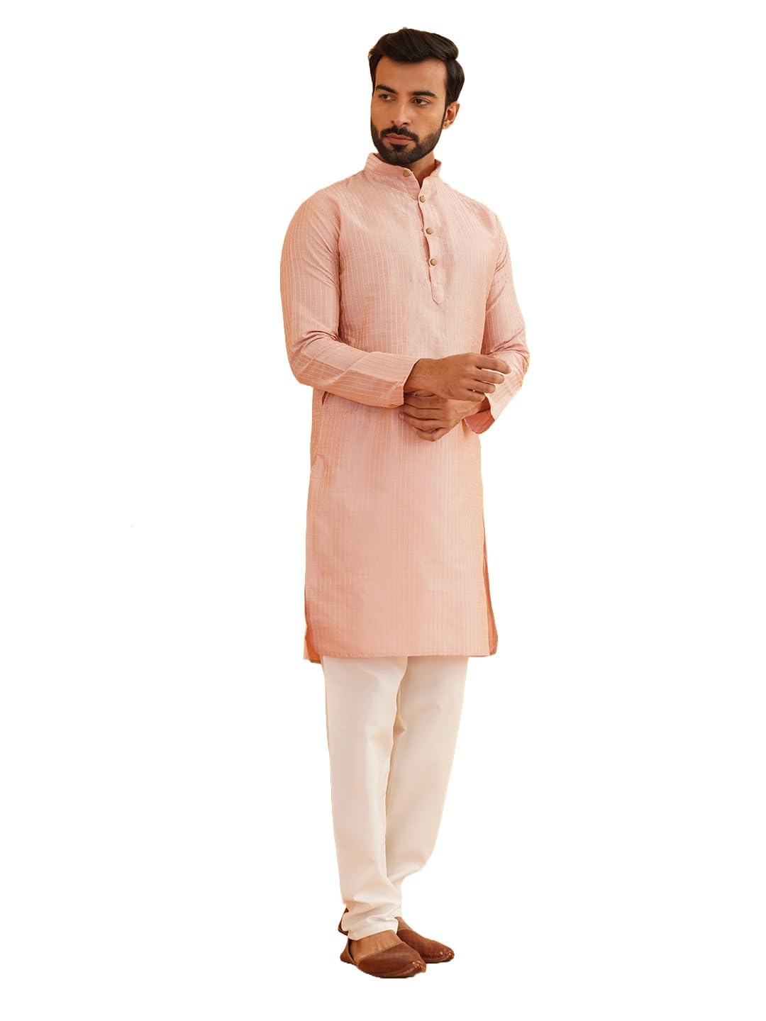 sojanya (Since 1958 Men's Silk Blend Striped Pink Kurta & Off-White Churidar Pyjama Set-picture-23