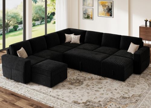 Image of HONBAY Modular Sectional Sleeper Sofa with Pull Out Bed Oversized Corduroy L Shaped Sofa Bed with Storage Couches for Living Room,Black