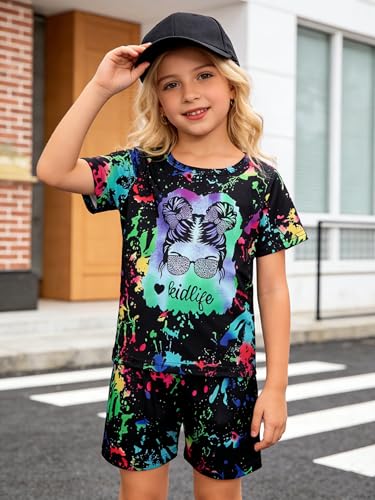 Image of OLMRJKD Kid Toddler Girl Clothes Summer Short Sleeve Figure Graphic Tee Shirt + Shorts Summer Outfits Set