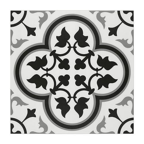 INNO STCIEKRS 16-Sheet Peel and Stick Floor and Wall Tile for Bathroom Kitchen, 9" x 9" Patterned Black SPC Self-Adhesive Vinyl Flooring Encaustic Gro