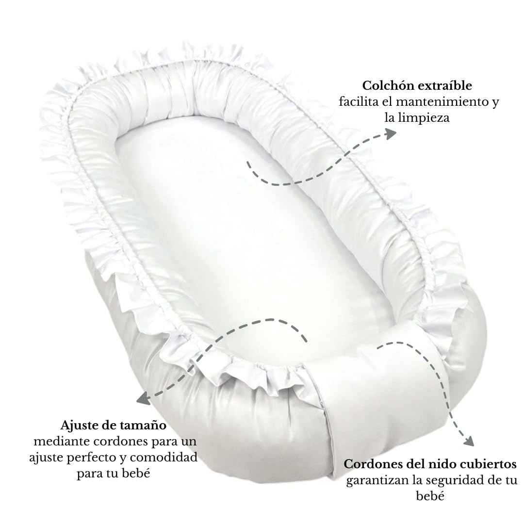 WIKLINOPOL Nido Bebé Reductor 85x45 cm en Blanco con Volantes – Baby Nest Portátil con Colchón – Cojín Nido Lavable de Algodón 100 % – Seguro y Cómodo para Casa o Viaje