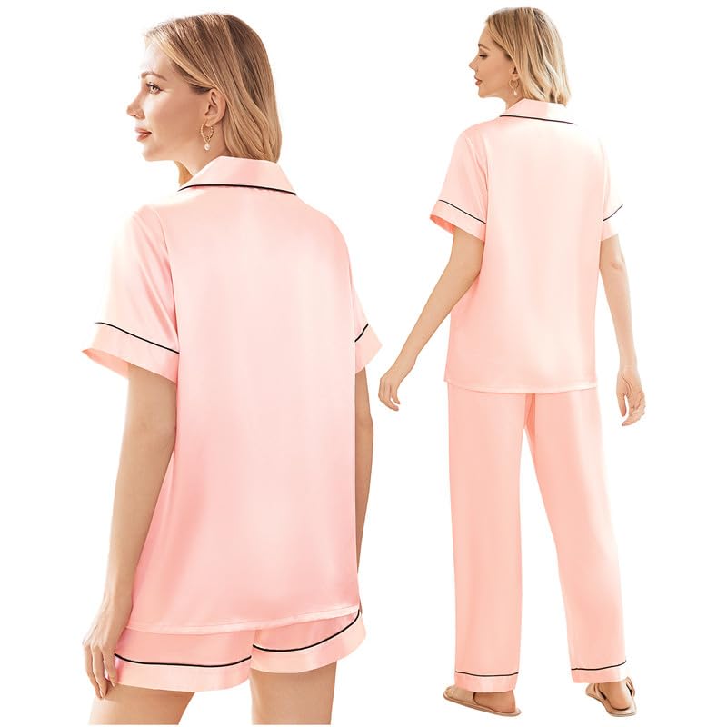 Image of Ekouaer Silk Pajamas for Women Set Satin Soft Short Sleeve Button Down Pjs