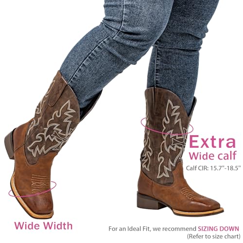 Image of SheSole Extra Wide Calf Cowboy Boots for Women - Square Toe & Classic Stitching with Earth Tones, Removable Cushion Insoles | Roomy Comfort for Full-Figured Calves