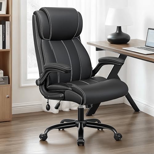Ergonomic Office Chair - Desk Computer Chair, Leather High Back Executive Chairs with Adjustable Lumbar Support & Flip Up Arms, Rocking, Black - Image 3