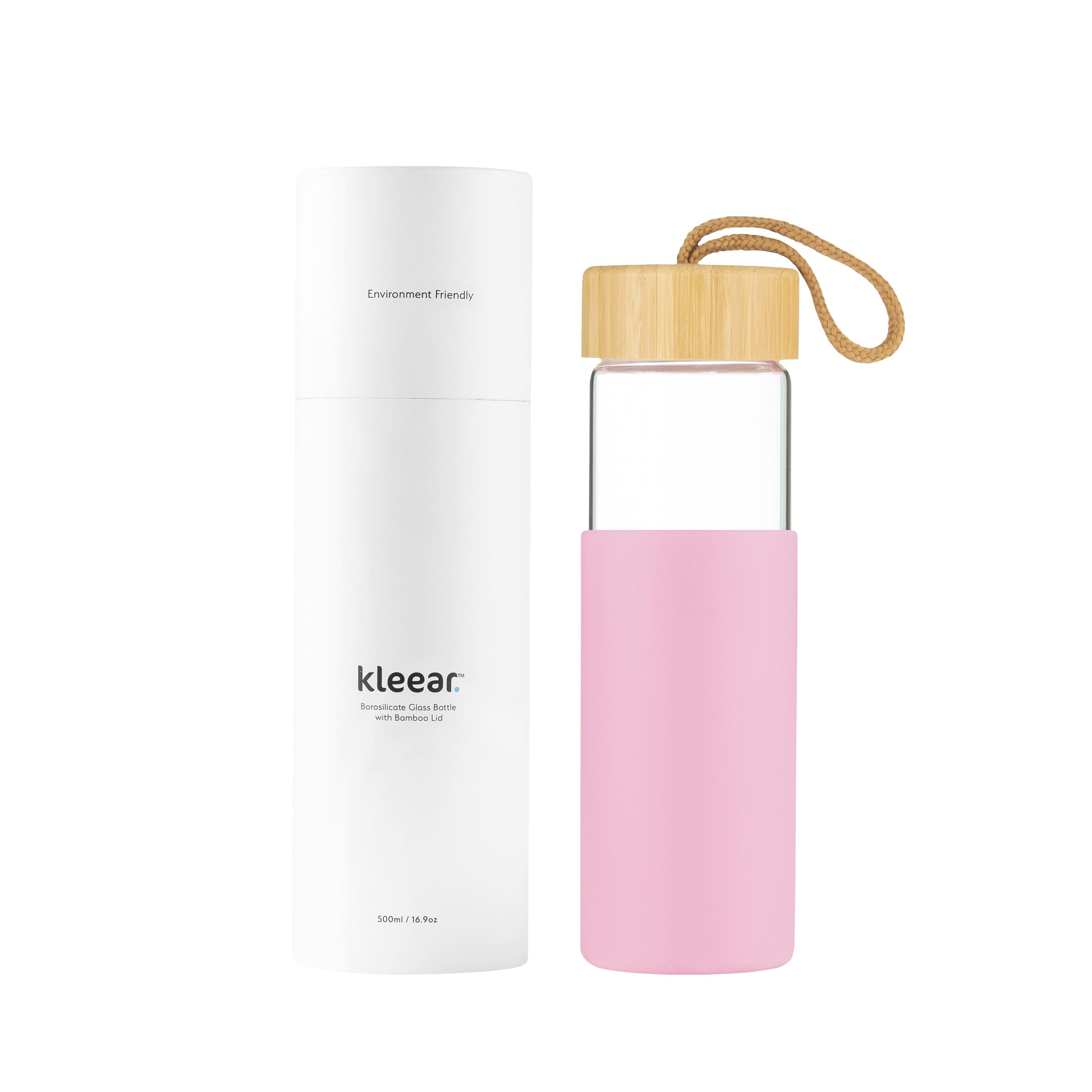 Kleear Pink Borosilicate Glass Water Bottle With Protective Silicone Sleeve, Bamboo Lid And Carrying Loop | Office, Yoga, Gym, Exercise, Travel Friendly, 500Ml, Leakproof, Bpa-Free, Dishwasher Safe.(Pink)
