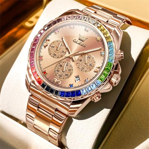 Image of OLEVS Watch for Men Luxury Gold Diamond Chronograph Business Wristwatch with Analog Quartz, Date Calendar, Stainless Steel Band, Luminous Hands, Waterproof