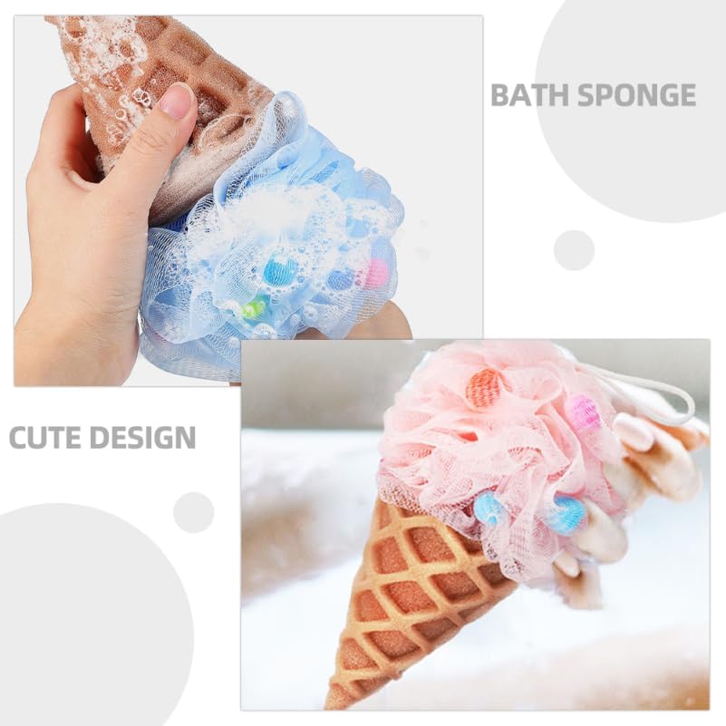 2Pcs Kids Loofah Ice Cream Cone Bath Sponge for Kids Soft Body Scrubber with Hanging Rope Soft Mesh Exfoliating Shower Ball for for Spa Shower Sponge Favors Exchange Birthday Party