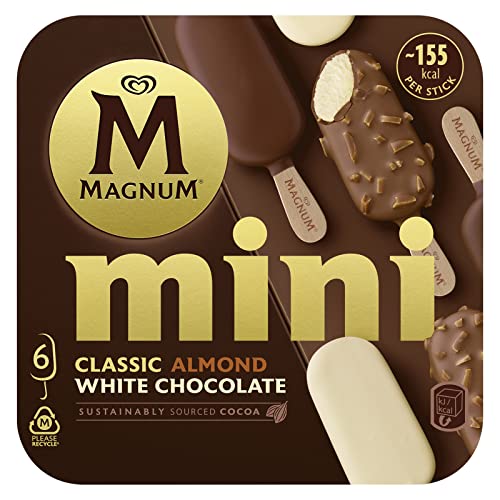 Magnum Gelato Mini, Gusti Assortiti, Magnum Classico, Mandorle e Bianco, Cacao ed Aroma naturale di Vaniglia da Coltivazioni Certificate Rainforest Alliance, 6 pezzi x 55 ml