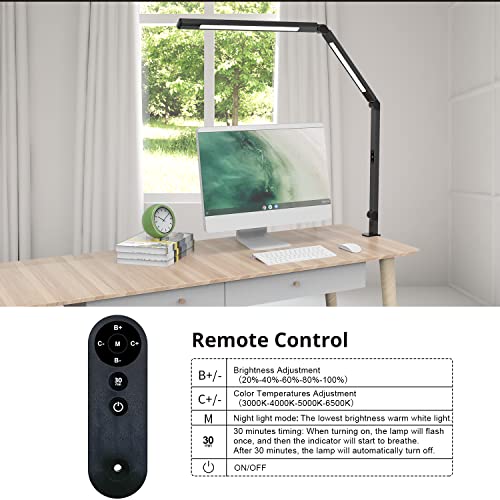 Image of LED Desk Lamp with Clamp, Architect Desk Lamp for Home Office with Remote Control, Swing Arm Clamp on Computer Light, Clip-on Eye-Care Adjustable 5 Brightness Levels Table Light for Working Drafting