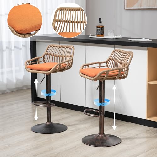 Butacos giratorios de ratán PE, ajustables en altura, set de 2 unidades, con respaldo tejido y asiento tapizado, estilo retro, color naranja miniatura 4