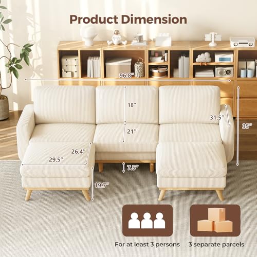Image of Vesgantti 97 inch Modular Sectional Sofa Beige, U-Shaped Couch with Movable Ottoman, Comfy Corduroy Couch with Spring Cushion, Modular Sofa with Deep Seat for Living Room, Bedroom and Apartment