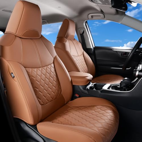 Image of Huidasource Custom Fit RAV4 (Gas Only) Front Seat Covers, Brown Waterproof Faux Leather Full-Coverage for 2019-2024 Toyota RAV4 LE /XLE & XLE Premium /Limited (Does Not Fit Adventure and TRD Off-Road)