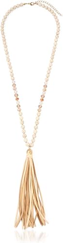 Miniatura 4 de RIAH FASHION Collar largo con colgante de borla bohemia, flecos de cuero de gamuza sintética, dije de encaje, piedra natural de cristal brillante,