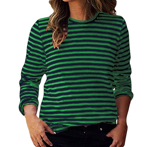 Women Long Sleeve Pullover Tops Striped Colour Block T-Shirt Casual Loose-Fit Comfy Soft Spring Fall Top Crew Neck Tee Shirts Stripe Print Tshirts for Teen Girls Ladies UK S-XXL Green