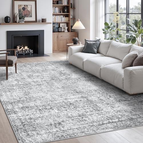 Rugland 5x7 Area Rugs - Stain Resistant Washable Rug, Anti Slip Rugs for Living Room, Vintage Tribal Area Rugs(Vintage01-Distressed Grey, 5'x7')