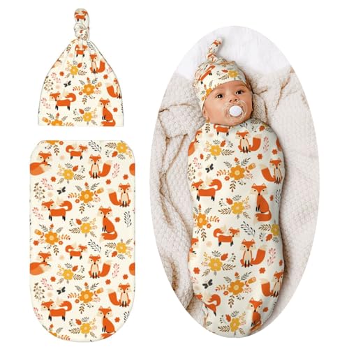 Image of Fox Cute Newborn Swaddle Blanket Baby Stuff Baby Swaddling Blanket with Beanie Set Soft Sleeping Sack for Unisex Girls Boys