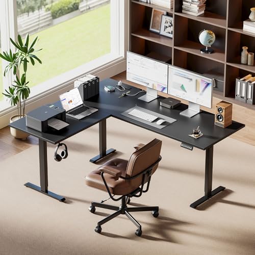 Image of Agilestic Electric L Shaped Standing Desk 63 x 48 Inch with Power Outlet, Height Adjustable Corner Stand up Desk with Cable Management,Sit Stand Home Office Workstation with Splice Board, Black