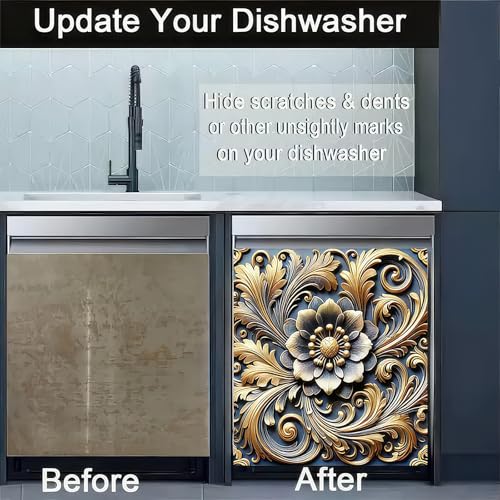 Image of HOMETITUTE Baroque Floral Magnetic Dishwasher Cover 23x26 Inch Gold Flower Embossed Panel Decorative Magnet Sticker for Kitchen Appliance Fridge Refrigerator Door Home Decoration Metal Surface Wrap