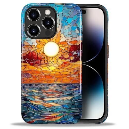 ZHEGAILIAN Case for iPhone 14 Pro Max,Shockproof Hard Shell + Soft Silicone 2 in 1 Hybrid,Shockproof Bumper Drop Protective - Stained Glass Sunset Beachy
