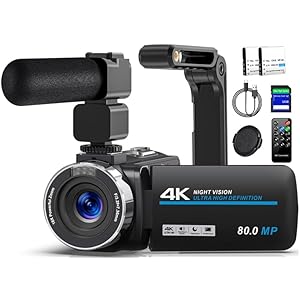 Videokamera 4K 80MP Camcorder für YouTube,30FPS Webcam IR Nachtsicht Vlogging Kamera,18X Digitalzoom 3,0 270°IPS Bildschirm Video Camera mit SD Karte, 2 Batterien, Fernbedienung, und Handstabilisator