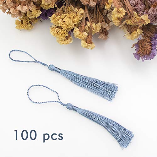Image of VAPKER 100 Pieces Steelblue Color Tassels 13cm /5-Inch Silky Handmade Soft Tassels Floss Bookmark Tassels with 2-Inch Cord Loop for Jewelry Making, DIY Projects, Bookmarks