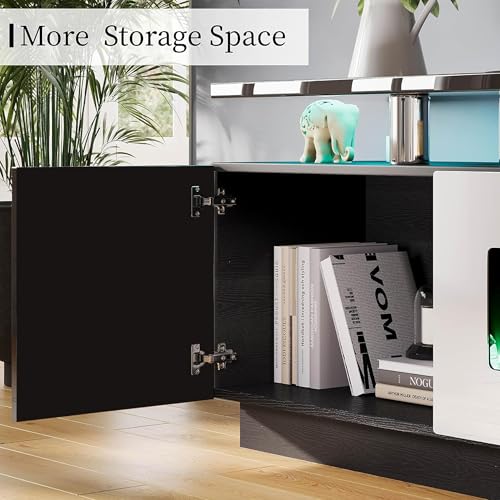 Image of AMERLIFE 80 inch High-Gloss Fireplace TV Stand with 40 inch Electric Fireplace | Black /White LED TV Console, Modern Living Room Entertainment Center, Fits TVs up to 90 inch, 2 Cabinets, 2-Tier Storage Space