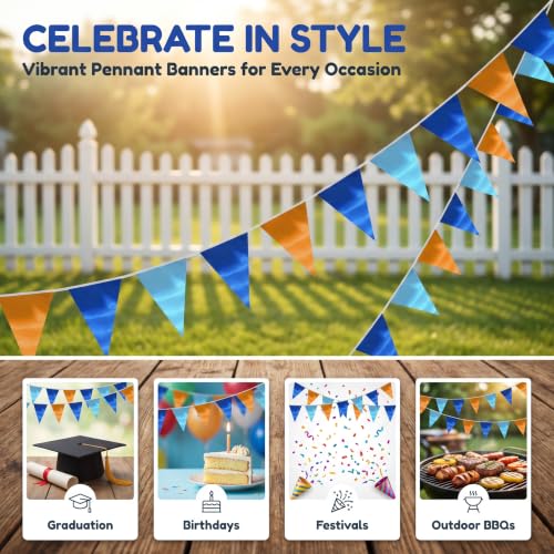 Image of 130FT Lakeblue LightBlue Orange Triangle Pennant Banner Flag Metallic Fabric Bunting Garland for Christmas Graduation Wedding Anniversary Bachelorette Birthday Bridal Shower Valentines Party Supplies