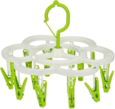 Clothes Hangers with 16 Clips, Sock Underwear Baby Hanger, Hanging Drying Rack, Plastic Laundry Clip and Drip Clothespin Rack for Towel, Hat, Scarf, Green, 9 x inches