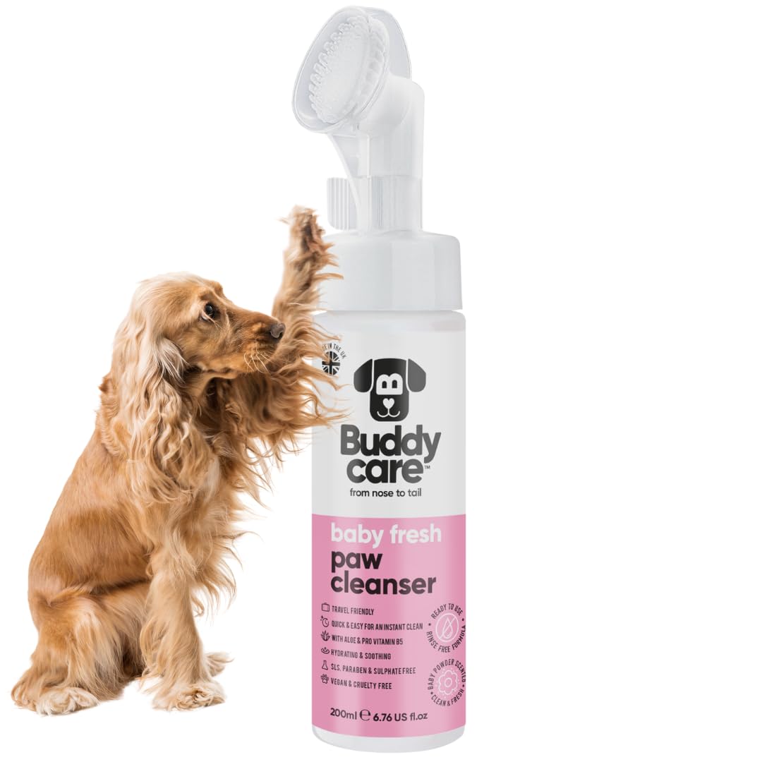 Buddycare Czyścik do łap psa Baby Fresh Scented 200ml - Bez płukania, bezwodny czyścik do łap dla psów - Delikatne rozwiązanie dla błotnistych łap, odpowiednie dla wszystkich ras - Wygodne i łatwe w