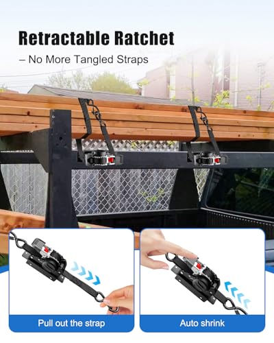 Ladder Rack Straps Tie-Down System with Double J Hooks, Retractable Ratchet Straps for Truck, Trailer, SUV, Boat, and PVC/Wood/Ladder Cargo, Heavy-Duty Polyester, with 9.8 Feet Straps, Black