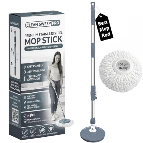Image of New Spin Mop Stick Rod Only Mop with Stick | Spinning Mop Stick with Stainless Steel Handle & 1 Microfiber Refills | Adjustable Heavy Duty Mop Rod for Floor Cleaning (Grey)