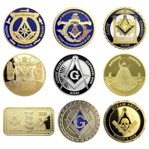 ASmileIndeep 9PCS Masonic Challenge Coin Set Masonic Car Emblem Freemasons Auto Emblem United States Freemason Coins