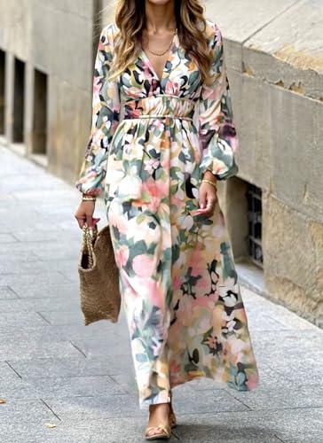 LOZ Women's Summer Dress Puff Sleeve V-Neck Multicolor Floral Maxi Dresses 2025 Long Sleeves Elegant Wedding Guest Dress3