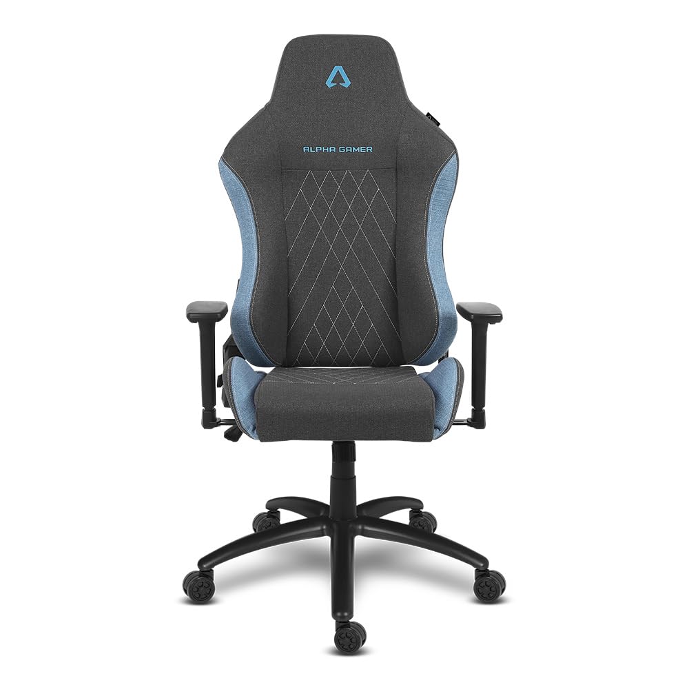 Alpha Gamer Gaia - Silla Gaming en Tela, Ergonómica, Reposabrazos Ajustables, Cojín Cervical removible con imán, Cojín Lumbar con Espuma viscoelástica, Base de Metal, 150KG - Gris Oscuro y Azul
