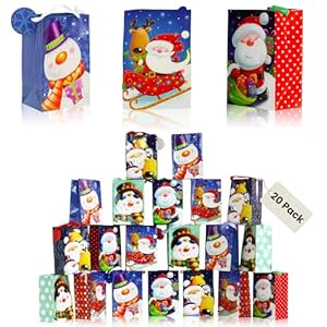 Iconikal 20-Pack Christmas Gift Bags, Small 4x6x2.5-Inch, Snowman Santa Reindeer, Ribbon Handles