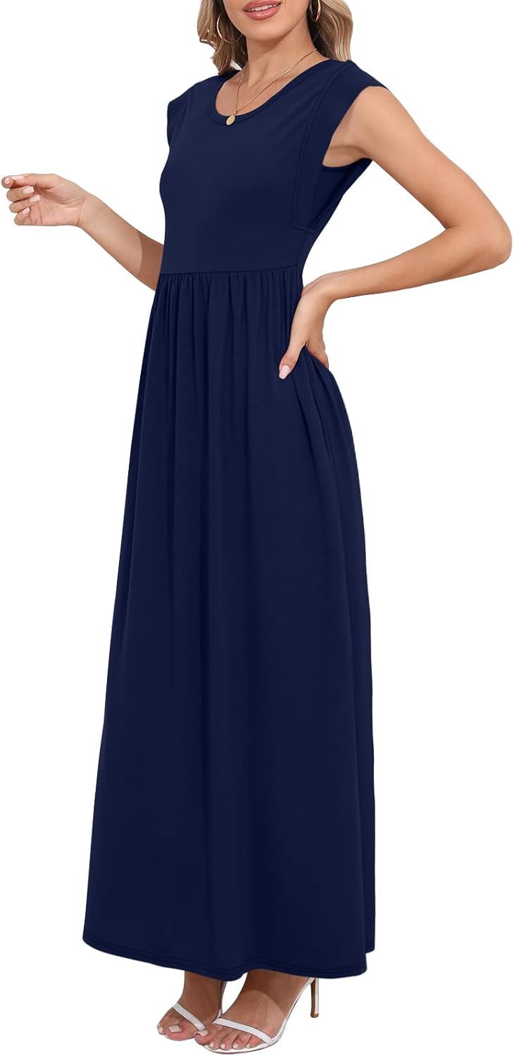 DB MOON Womens 2026 Maxi Dresses Empire Waist Long Summer Dress Casual Cap Short Sleeve Sundress with Pockets - Image 2