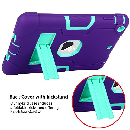 Ipad Mini Case, Mini 2 Case, Mini 3 Case, Rugged Kickstand Series - Shockproof Heavy Duty Hybrid Three Layer Armor Defender Kids Child Proof Case Cover For Ipad Mini 1/2/3 - Purple Teal #TOP4