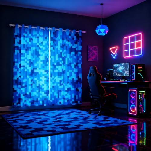 Castle Fairy Navy Blue Camouflage Window Curtain,Geometric Checked Bedroom Decor Curtains,Kids Boys Teens Pixelated Miner Style Window Treatment Video Games 30-50% Blackout Drapes 2 Panels,38Wx54L