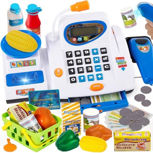 HERSITY Spielzeug Kasse Kinder mit Scanner, Supermarkt Kaufladen Zubehör | Große Kinderkasse mit Ton, Laden Spielzeug Kinder mit Lebensmittel, Rollenspiel Geschenk Jungen Mädchen 3