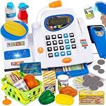 HERSITY Childs Till Cash Register for Kids with Scanner Play Money, Check Out Till Shopping Cashier Toys, Supermarket Games for Children Toddler Boys Girls age 3 4 5