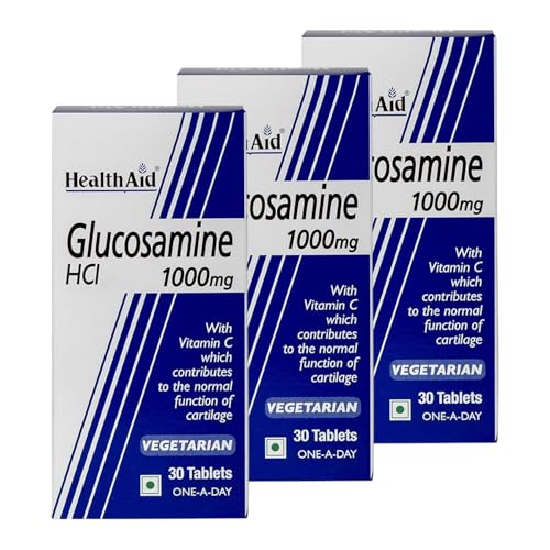 Image of HealthAid Glucosamine HCL 1000mg + Vitamin C, Curcuma & Manganese | Joint Health, Flexibility & Bone Strength | 30 Veg Tablets(Pack of 3)