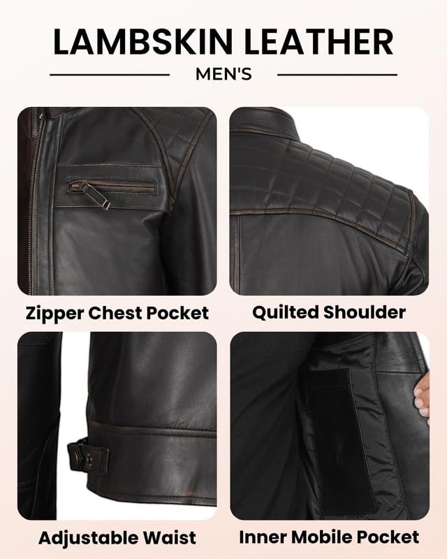 Image of Blingsoul Men's Leather Motorcycle Style Jacket - Quilted Cafe Racer Biker Style Jacket for Men