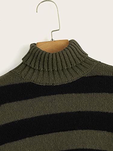 Image of WDIRARA Women's Striped Pattern Turtleneck Long Lantern Bishop Sleeve Stretchy Knitted Sweater