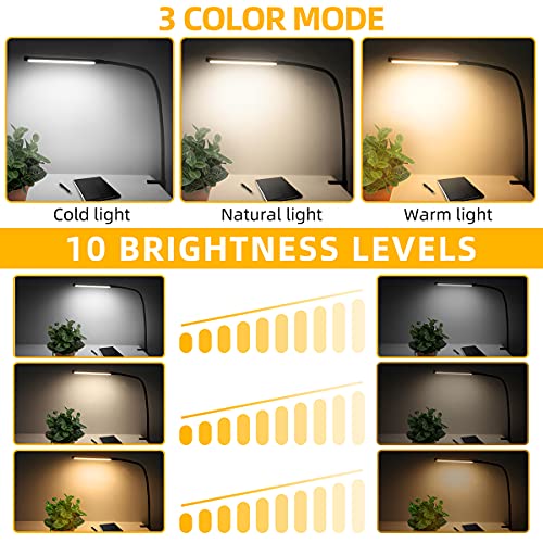 LED Desk Lamp with Clamp, LIBORA Eye-Caring Reading Light with USB Adapter, 3 Modes 10 Brightness, Long Flexible Gooseneck, Architect Task Clip on Lamp, Memory Function, Table Lamps for Home Office