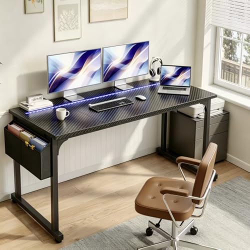 Image of DurayLoly 63 inch Gaming Desk with LED Lights,Computer Desk with Storage Bag for Home Office, Long Desk with Headphone Hook for Study Writing Work Wood Desk,Sturdy Metal Frame,Bedroom,Black